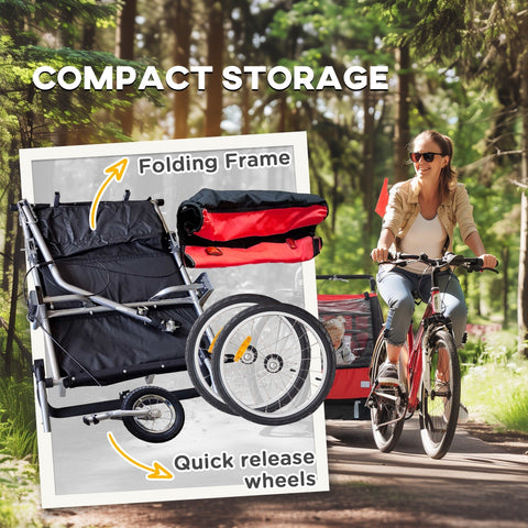 Black and red homcom 2 seat bike trailer with quick release wheels steel frame 84w x 108h with 5 point harness