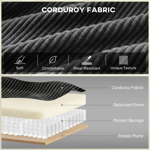 Black corduroy fabric with ribbed texture on dark grey upholstery of homcom 2 seater sofa with spring cushions