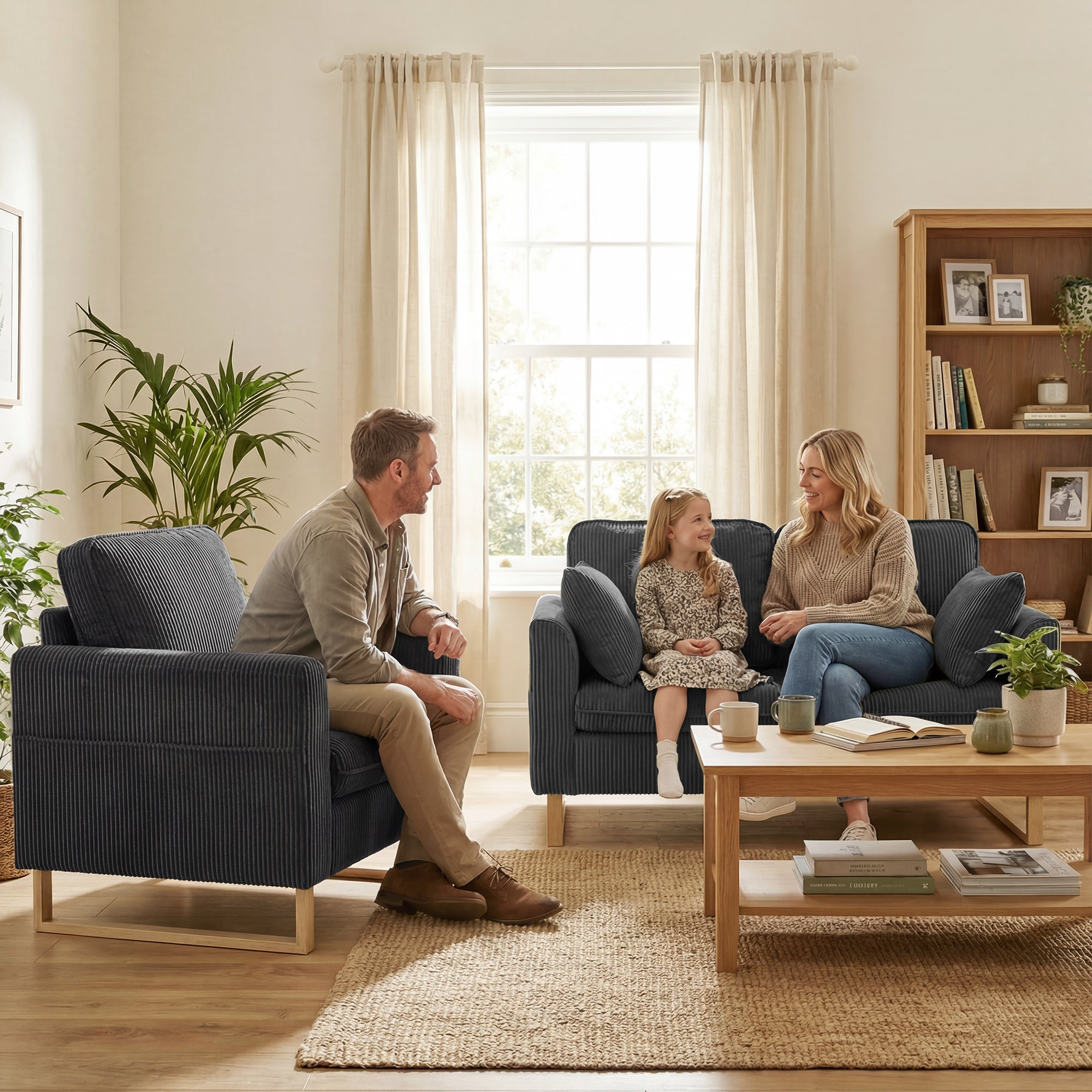 Navy blue corduroy armchair with wooden legs next to homcom dark grey 2 seater sofa with spring cushions and metal legs