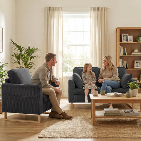Navy blue corduroy armchair with wooden legs next to homcom dark grey 2 seater sofa with spring cushions and metal legs