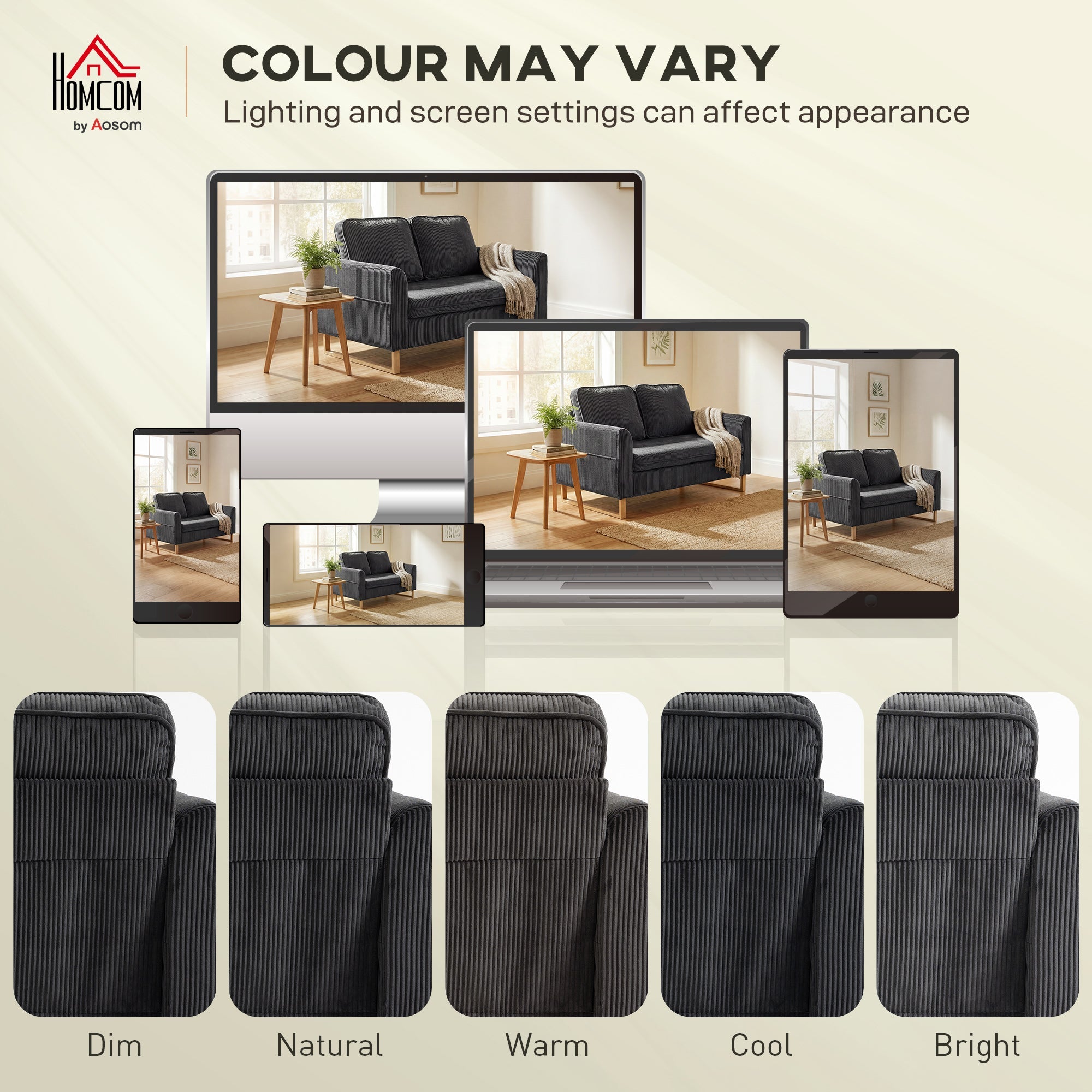 Dark grey seater sofa with vertical ribbed corduroy upholstery metal legs and spring cushions loveseat design