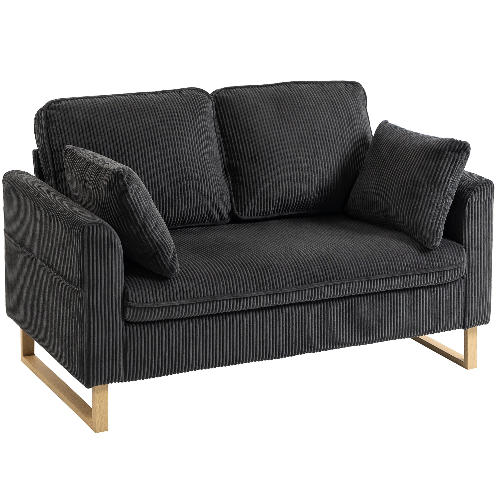 Dark grey 2 seater sofa with corduroy upholstery light wood legs and matching pillows perfect for small spaces