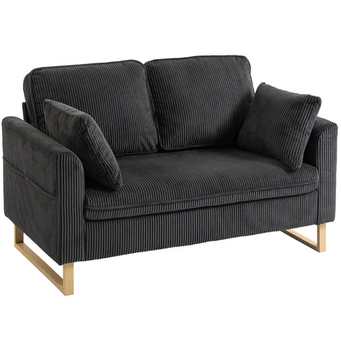 Dark grey 2 seater sofa with corduroy upholstery light wood legs and matching pillows perfect for small spaces
