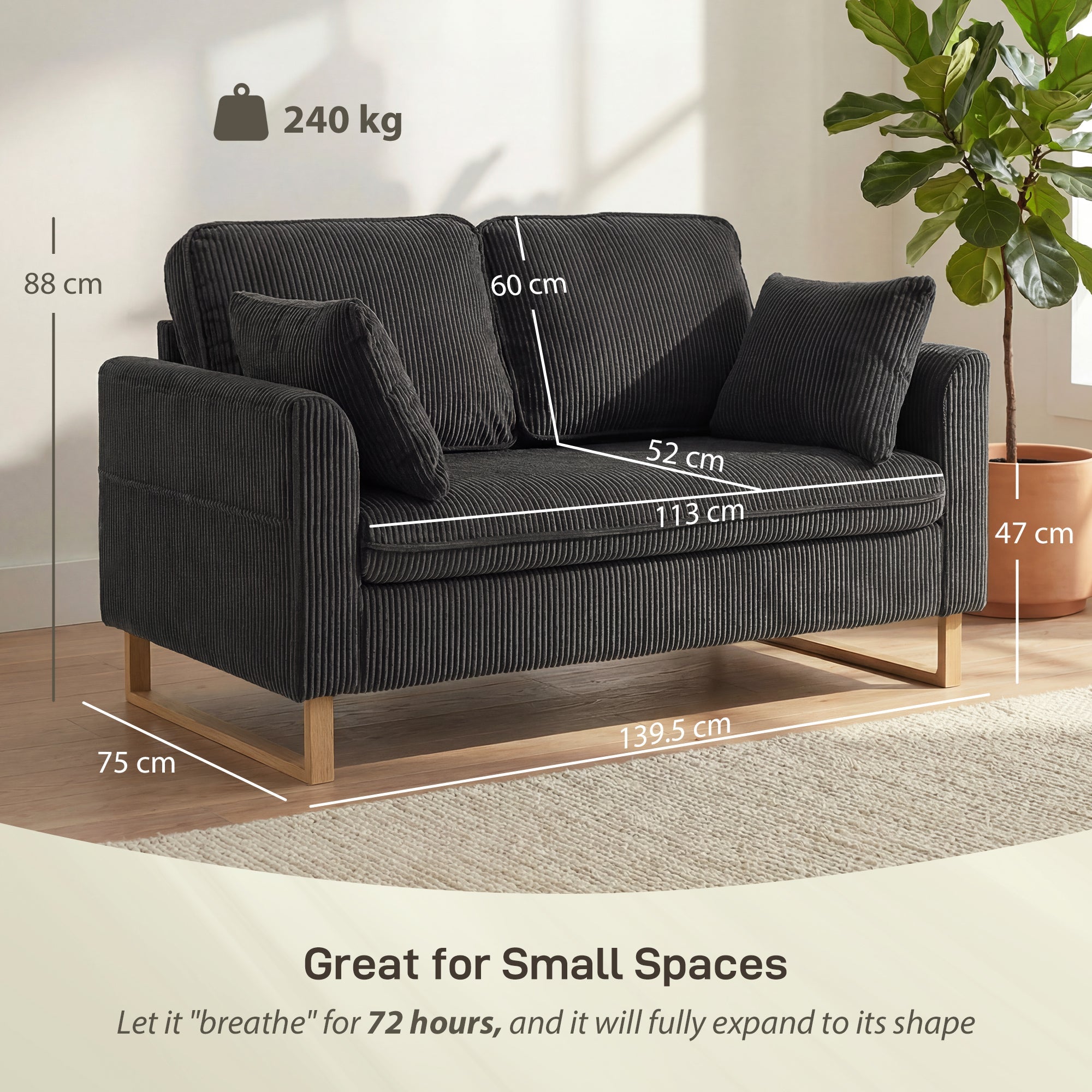 Dark grey corduroy 2 seater sofa with wooden legs featuring spring cushions and pillows by HOMCOM