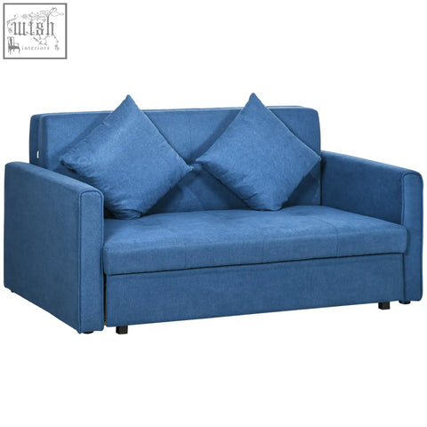 Blue upholstered homcom 2 seater sofa bed with two matching cushions perfect for living or guest room use