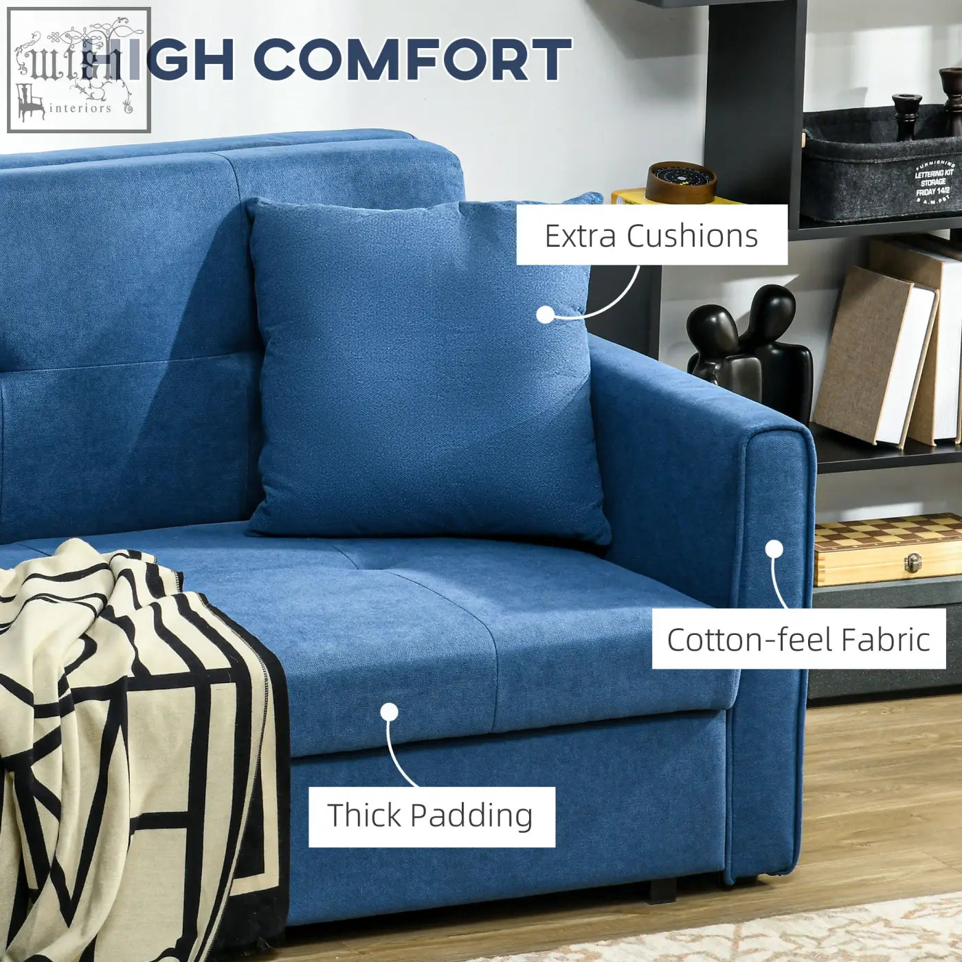 Blue HOMCOM 2 seater sofa bed with extra cushions and soft cotton-feel fabric for living or guest room use