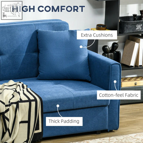 Blue HOMCOM 2 seater sofa bed with extra cushions and soft cotton-feel fabric for living or guest room use