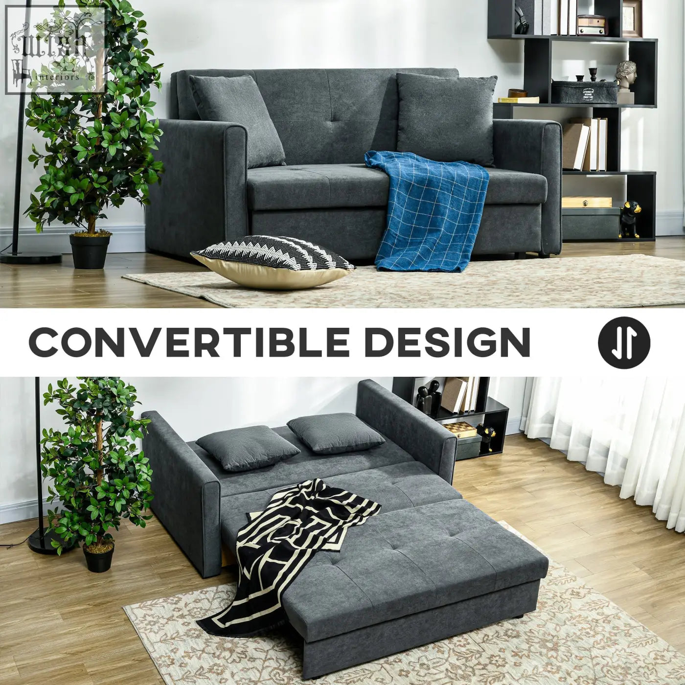 Dark grey upholstered sofa bed with tufted cushions and blue plaid blanket in modern fabric seater sofa design