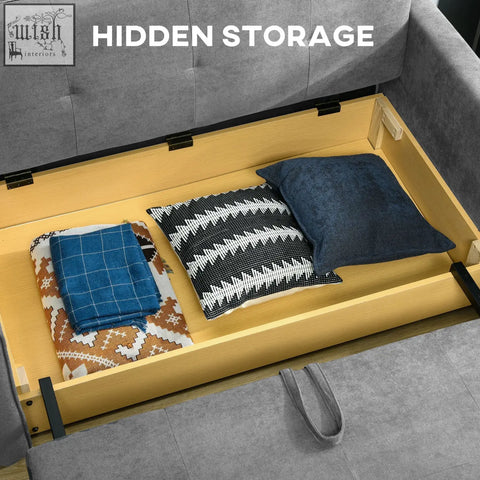 Light grey fabric 2 seater sofa bed with hidden wooden storage compartment and neatly arranged cushions