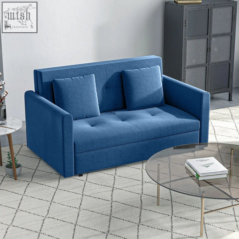 Modern deep blue fabric 2 seater sofa bed with tufted seat cushions and hidden storage for living and guest rooms