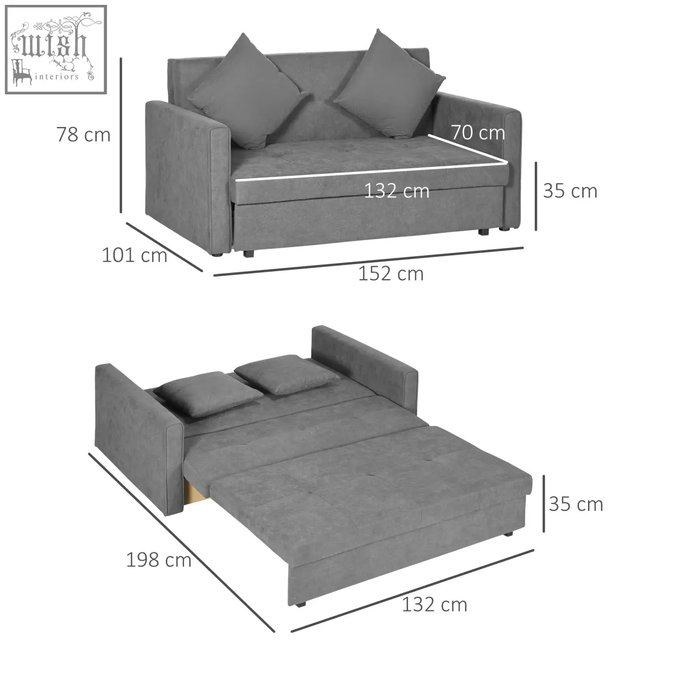 Gray fabric sofa bed with two throw pillows light grey seater sofa with hidden storage for living room or guest room