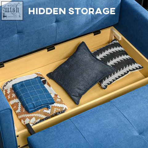 Deep blue homcom 2 seater sofa bed with fabric upholstery hidden storage and decorative pillows for living room
