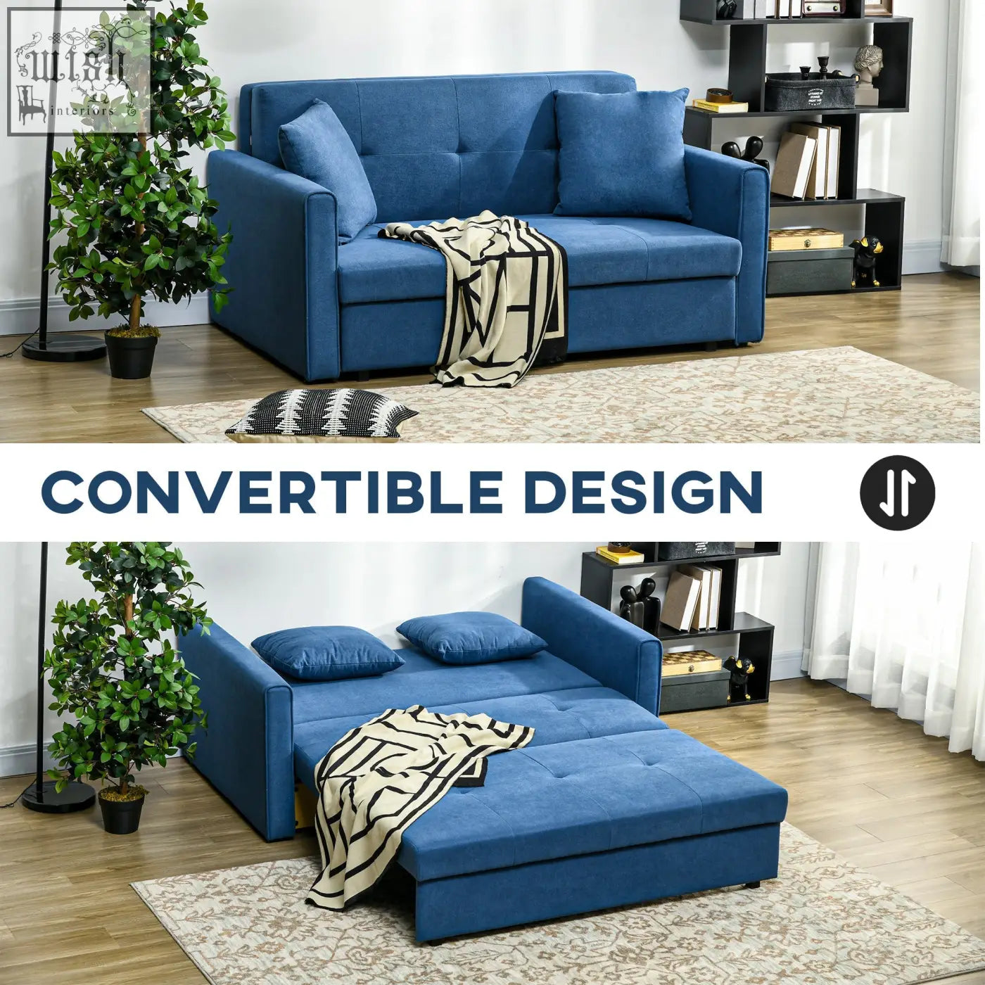 Blue tufted fabric 2 seater sofa bed with matching pillows and hidden storage for living room or guest room