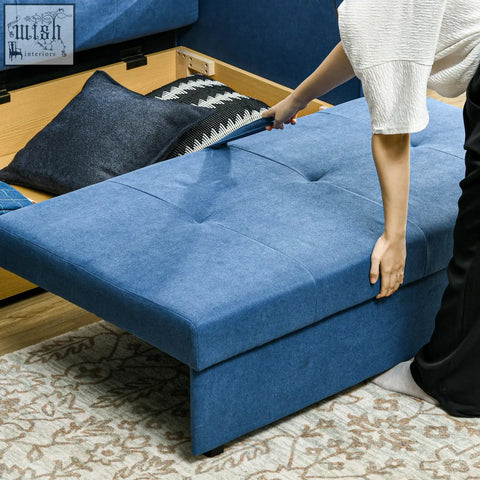 Blue tufted fabric seater sofa bed with hidden storage compartment perfect for living room or guest room use
