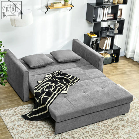 Light grey homcom 2 seater sofa bed with tufted fabric, two cushions, and hidden storage for living rooms and guests
