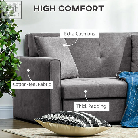 Light grey homcom 2 seater sofa bed with thick padded cotton-feel fabric and extra cushions for high comfort