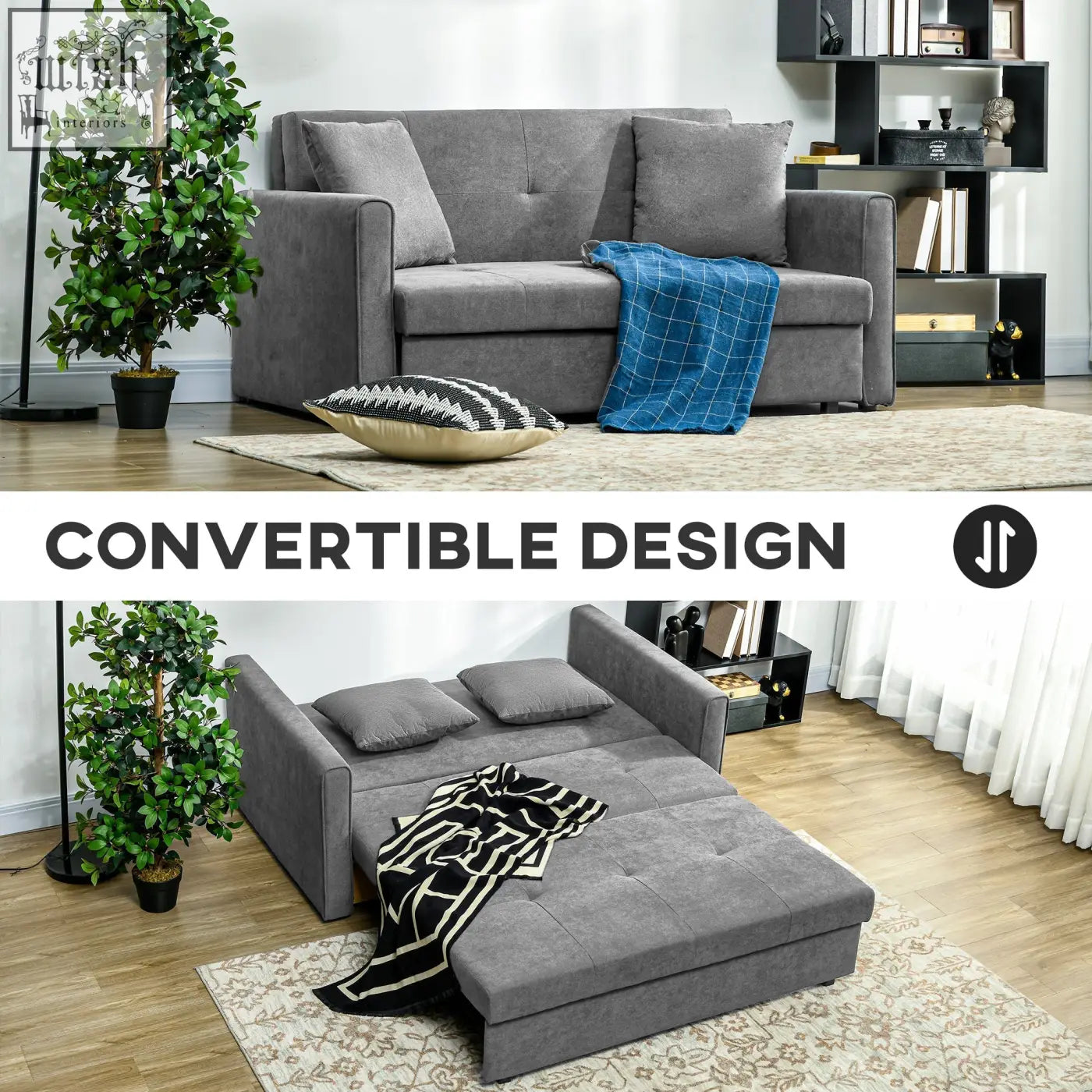 Gray fabric sofa bed with tufted cushions and blue plaid blanket in light grey seater sofa with hidden storage