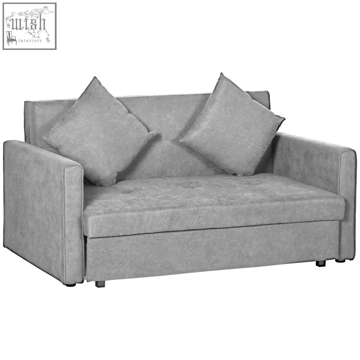 Gray fabric convertible sofa bed with two matching pillows light grey seater sofa perfect for living room or guest room