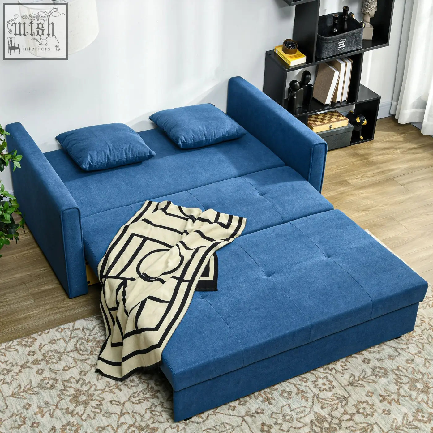 Blue upholstered tufted fabric sofa bed with two cushions modern convertible 2 seater sofa bed for living room
