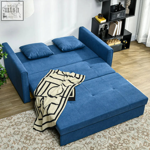 Blue upholstered tufted fabric sofa bed with two cushions modern convertible 2 seater sofa bed for living room