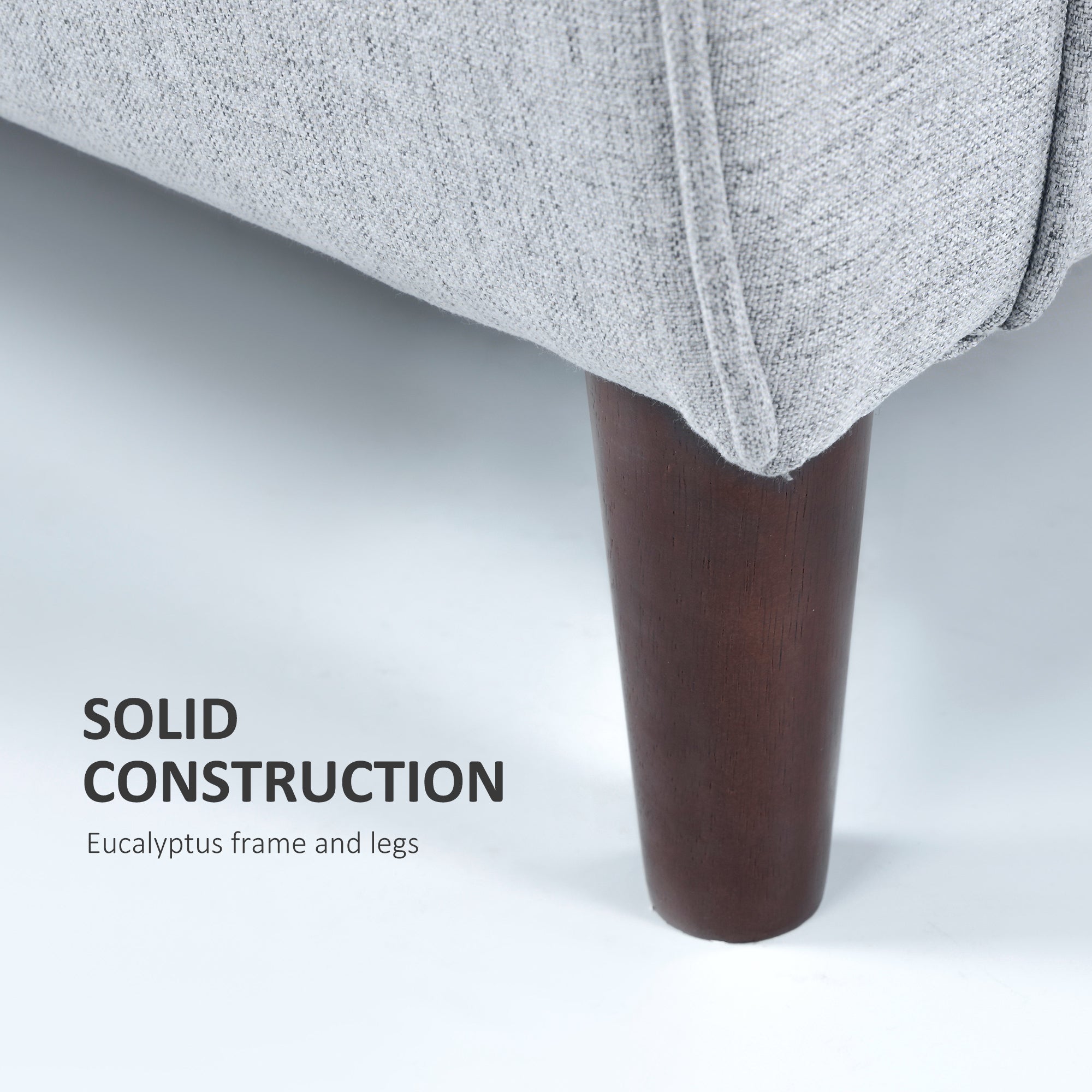 Close up of homcom 2 seater sofa leg with linen upholstery and dark brown eucalyptus wood finish for living room use