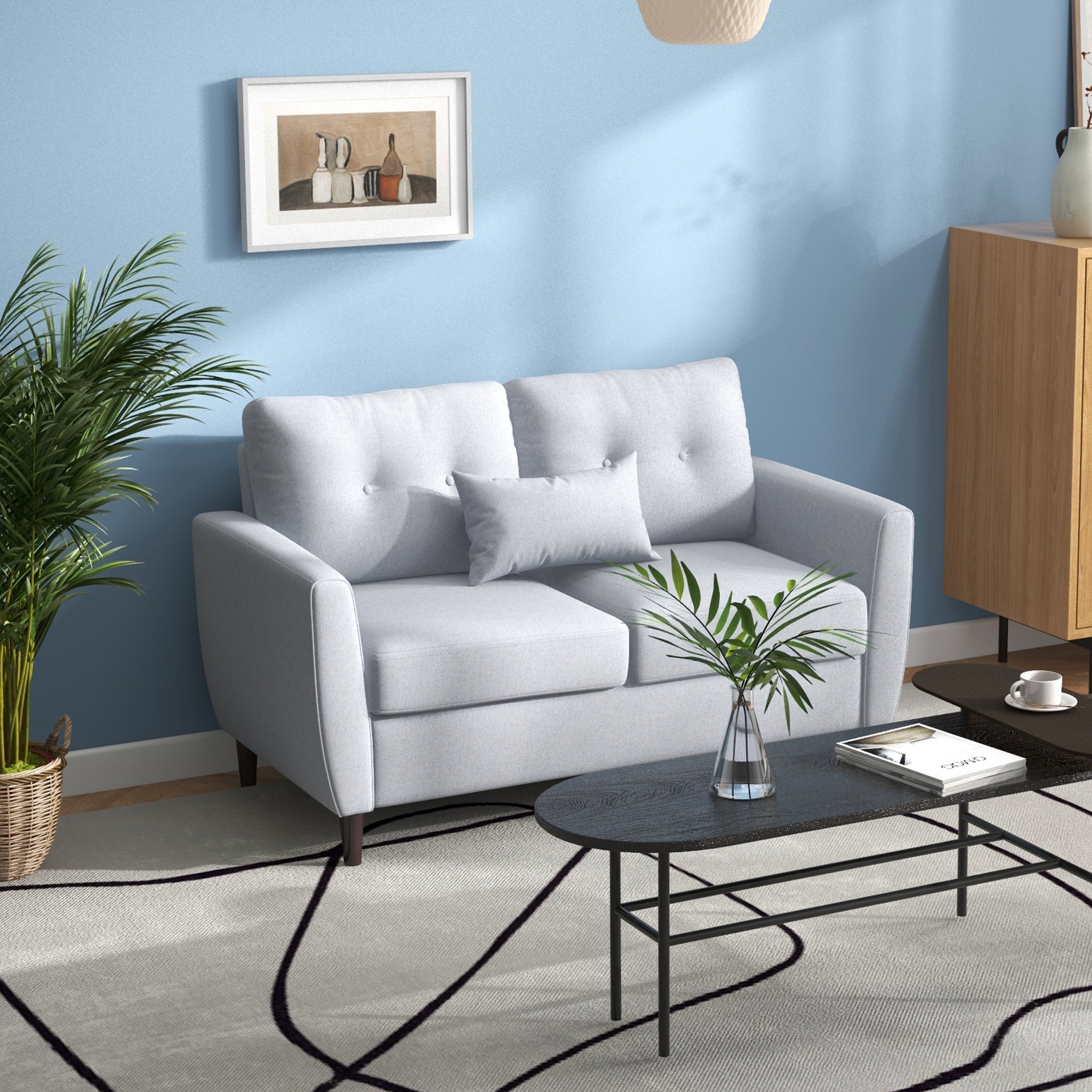 Light grey tufted 2 seater sofa with linen upholstery and dark wooden legs for living room and office use