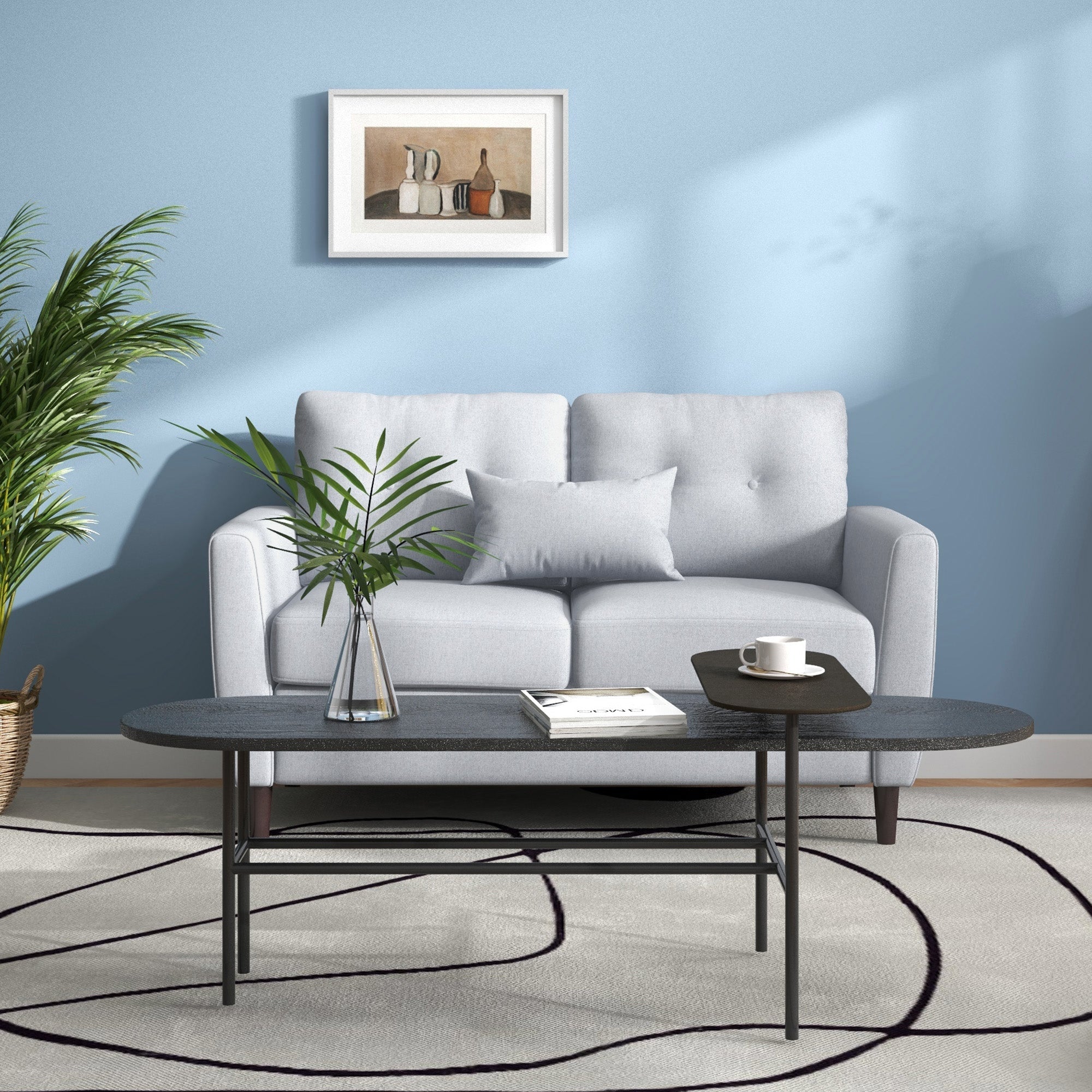 Modern black coffee table with sleek oval top and minimalist metal legs perfect for living room with seater sofa and linen upholstery