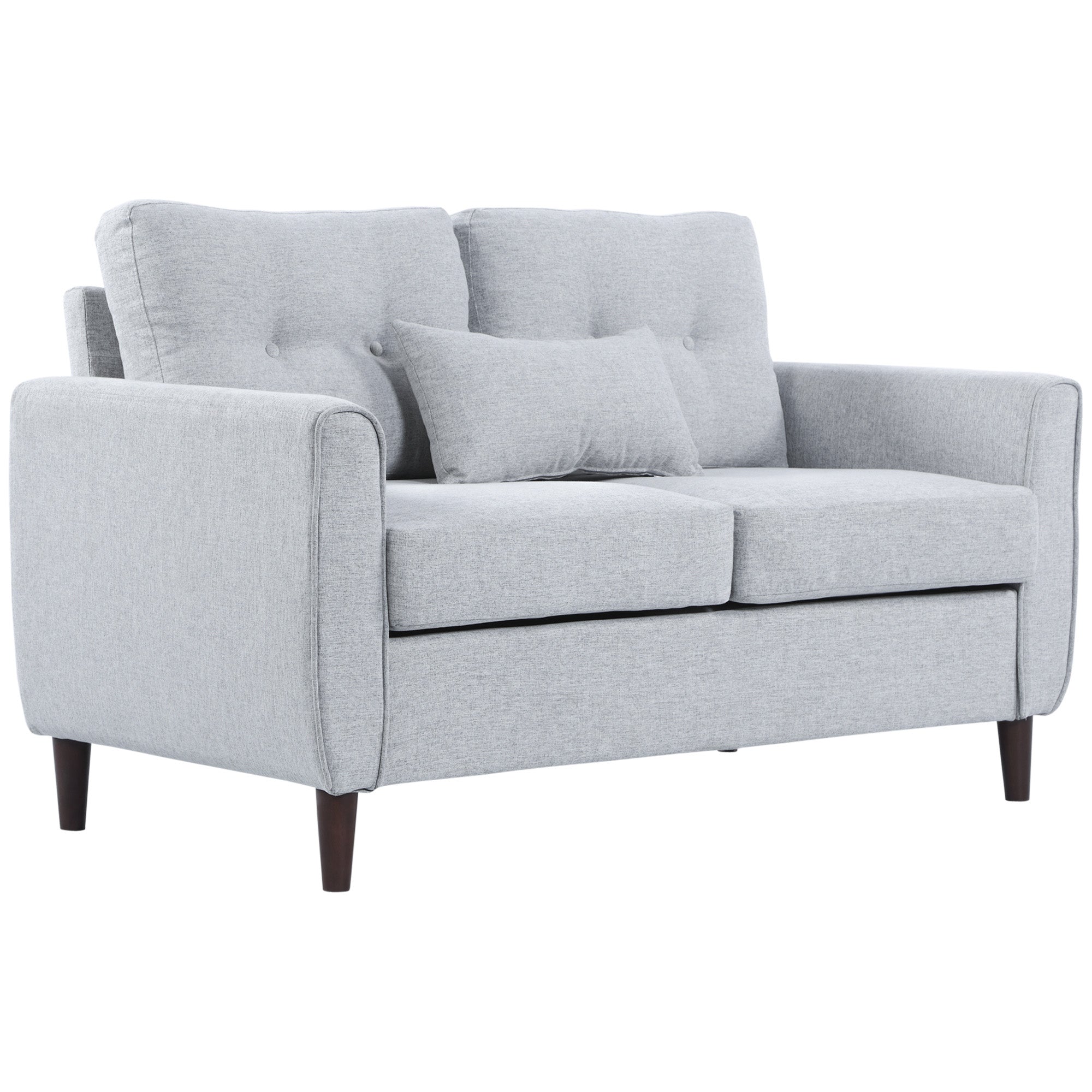 Light grey HOMCOM 2 seater sofa with linen upholstery tufted back cushions and wooden legs for living room use