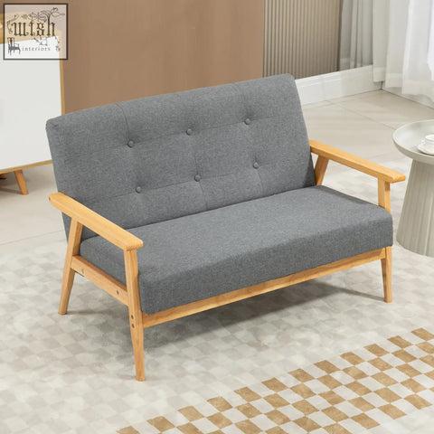 Dark grey two-seater sofa with linen fabric upholstery and natural finish rubberwood legs for living room and kitchen