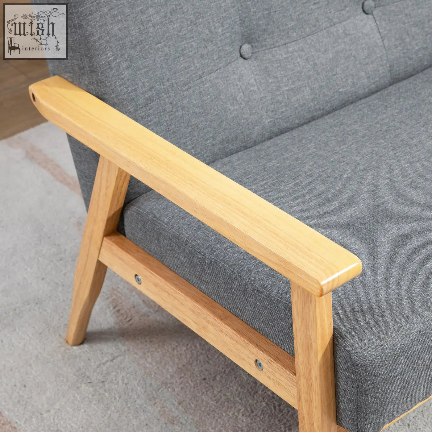 Dark grey 2 seater sofa with linen fabric upholstery and natural finish rubberwood legs for living room or kitchen