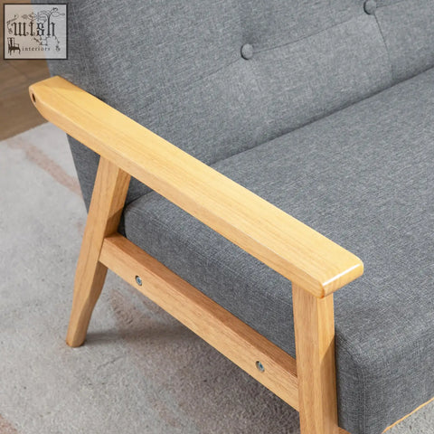 Dark grey 2 seater sofa with linen fabric upholstery and natural finish rubberwood legs for living room or kitchen