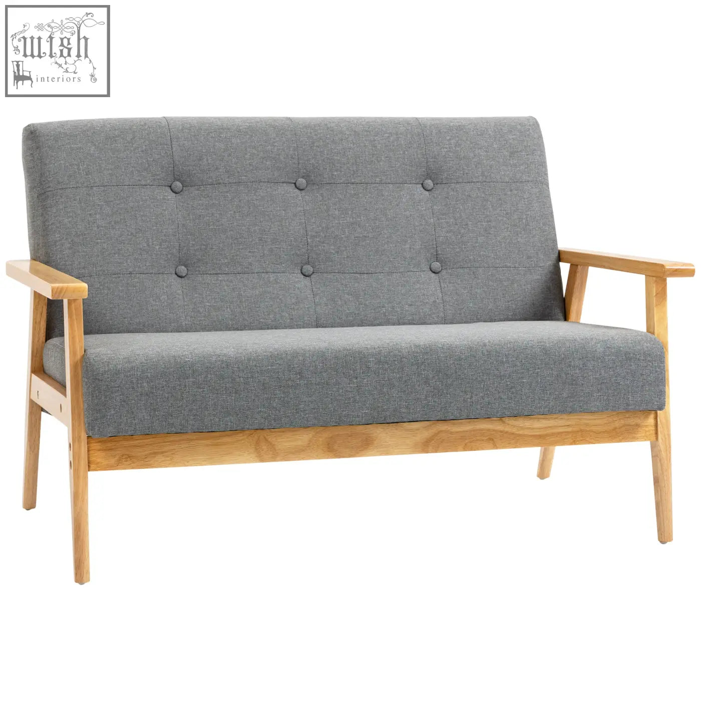 Gray tufted 2 seater loveseat with dark grey linen fabric upholstery and natural finish rubberwood legs and arms