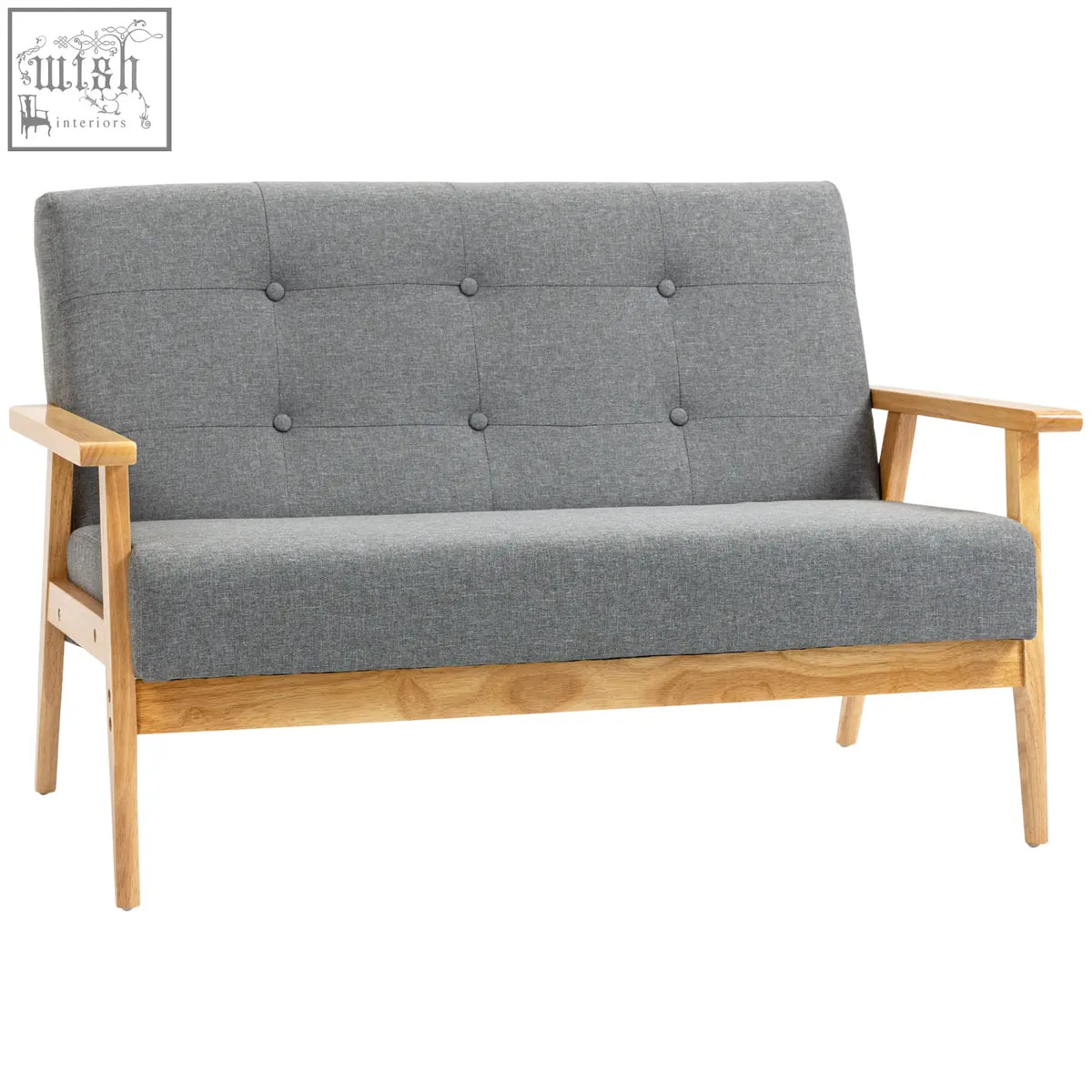 Gray tufted 2 seater loveseat with dark grey linen fabric upholstery and natural finish rubberwood legs and arms
