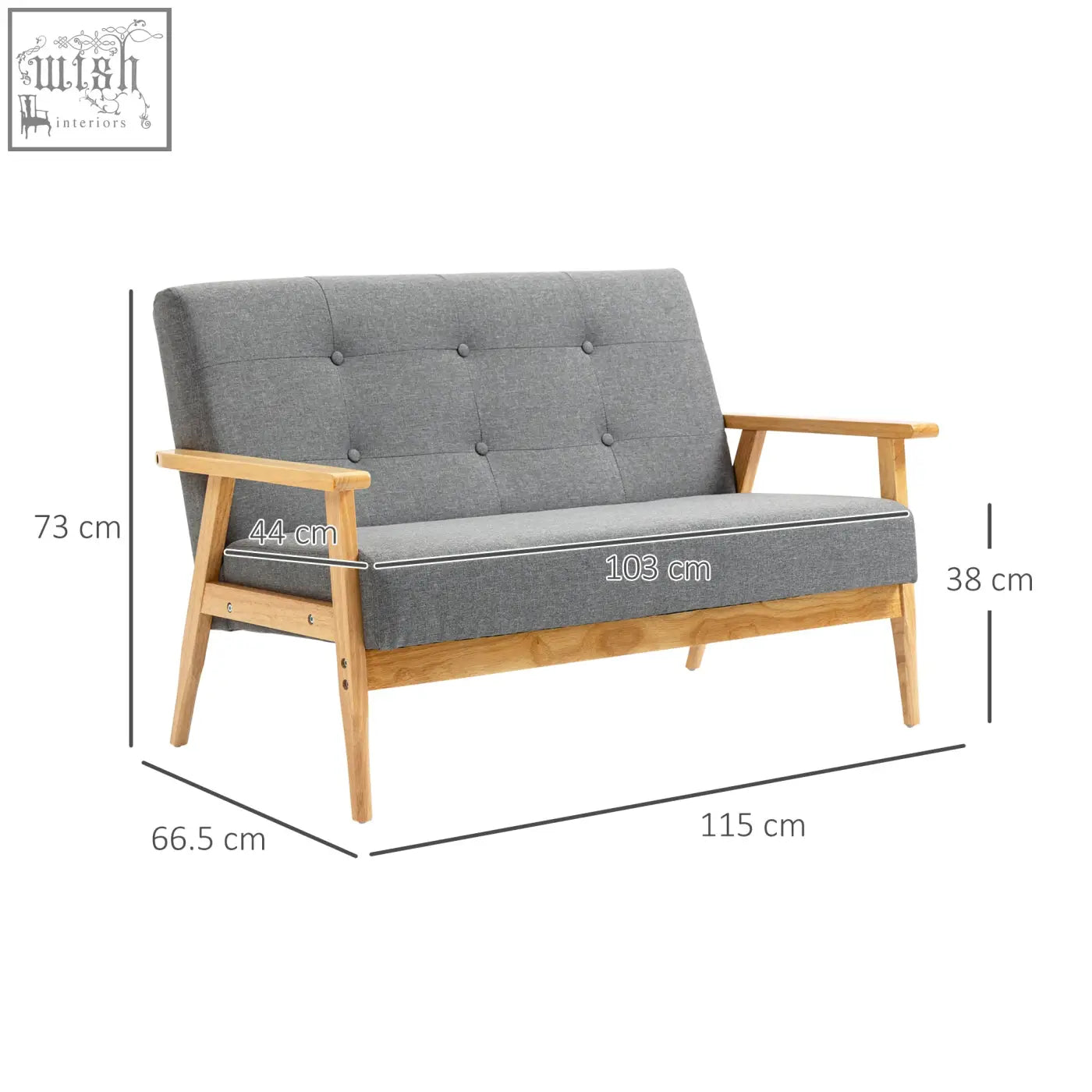 Gray tufted fabric loveseat with dark grey linen fabric upholstery and natural finish rubberwood legs perfect for living room