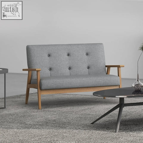 Homcom 2 seater sofa with dark grey linen fabric upholstery tufted backrest and natural finish rubberwood legs