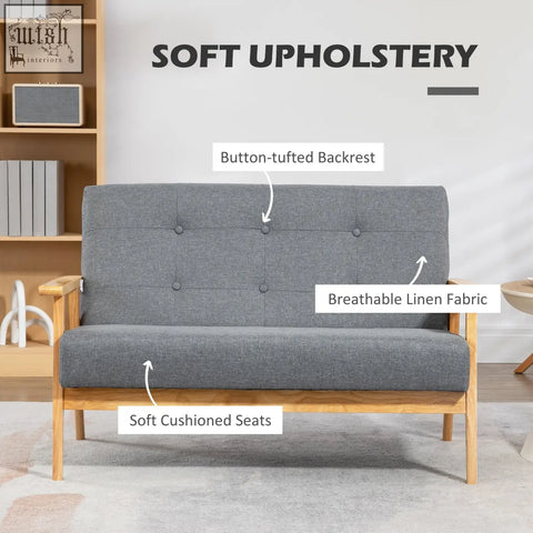 Gray button-tufted two seater sofa with dark grey linen fabric upholstery and natural finish rubberwood legs