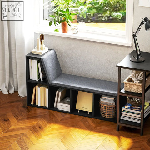 Gray upholstered bench with built-in bookshelves and black metal frame 30w x 4hcm particle board for living room