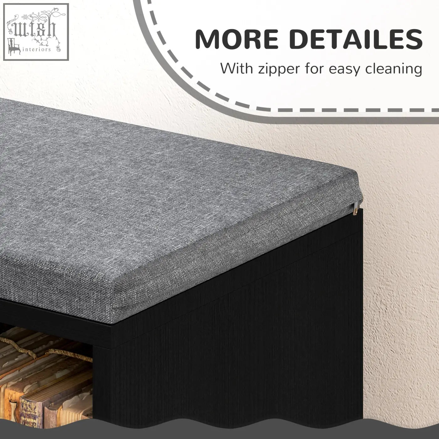 Gray textured fabric cushioned bench with black frame and zipper closure on homcom 2 tier living room particle board bookshelf 30w x 4hcm