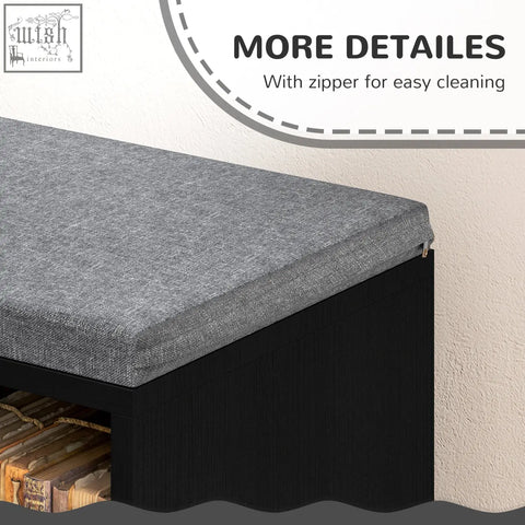 Gray textured fabric cushioned bench with black frame and zipper closure on homcom 2 tier living room particle board bookshelf 30w x 4hcm