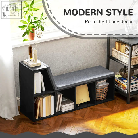Black modern storage bench with gray upholstered seat and open cubbies for living room 30w x 4hcm particle board