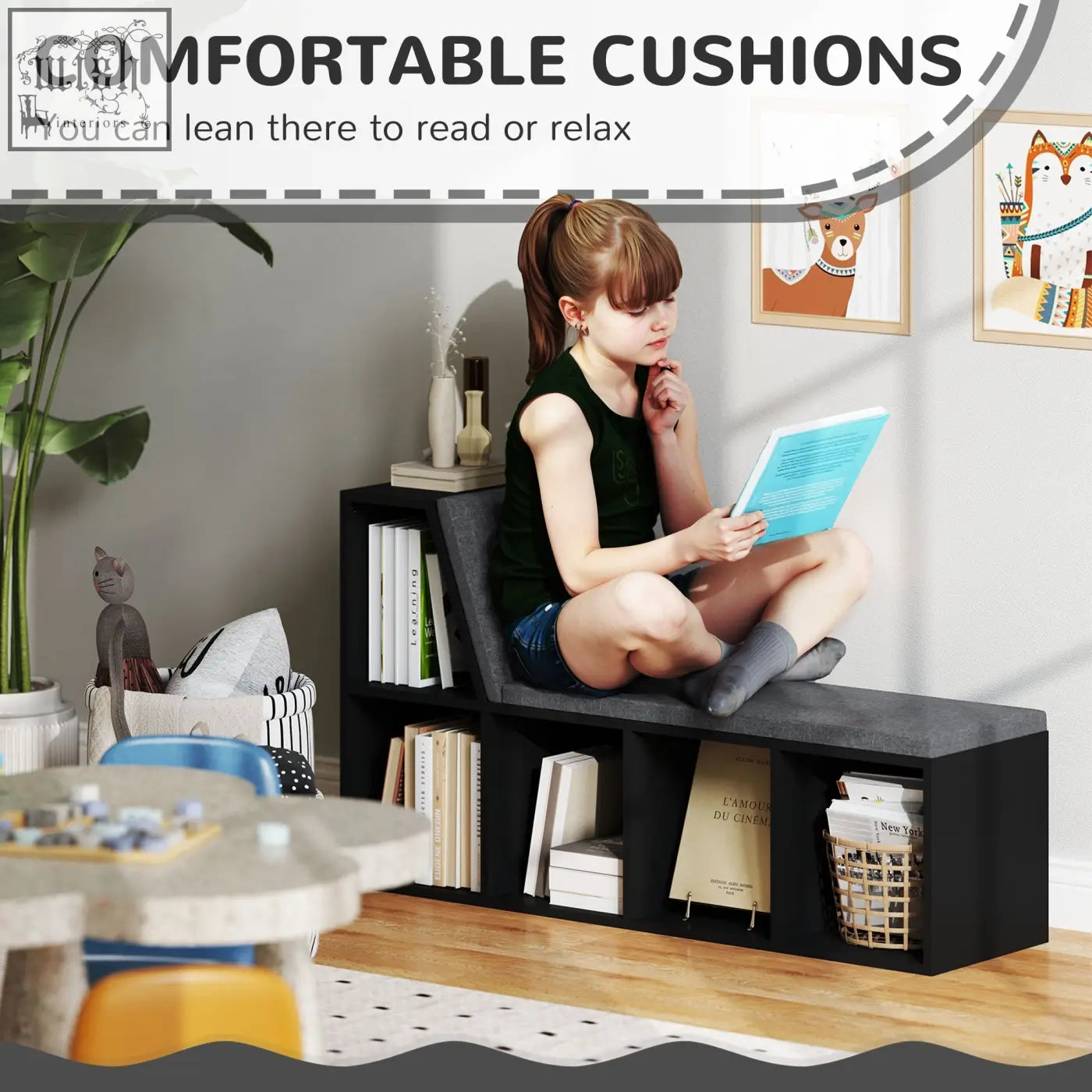 Black upholstered bookshelf bench with cushioned seating and open storage in particle board for living room 30w x 4hcm