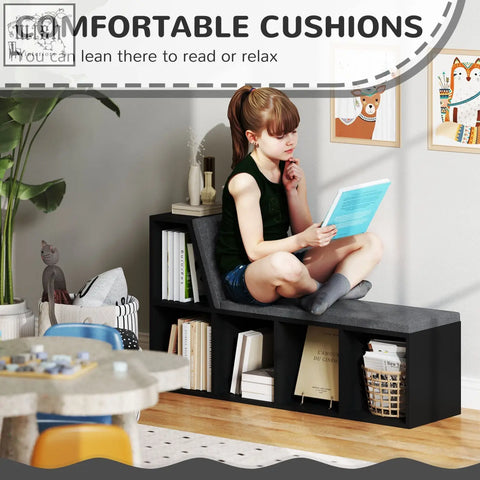 Black upholstered bookshelf bench with cushioned seating and open storage in particle board for living room 30w x 4hcm