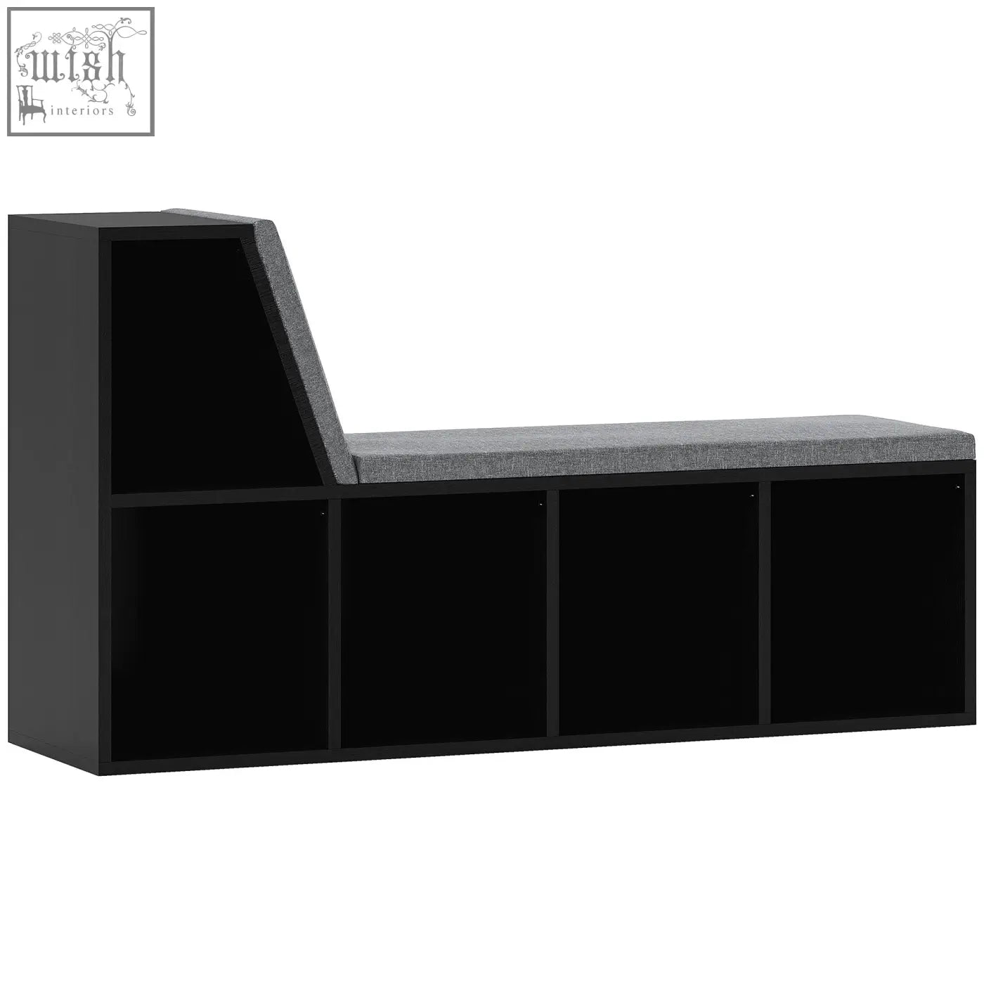 Black storage bench with gray upholstered seat backrest and four open cubbies 30w x 4hcm particle board for living room