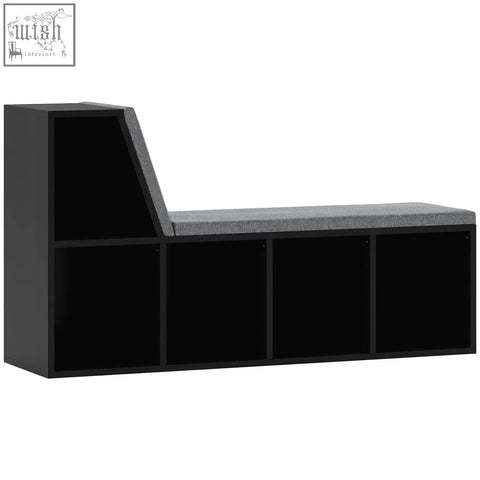 Black storage bench with gray upholstered seat backrest and four open cubbies 30w x 4hcm particle board for living room
