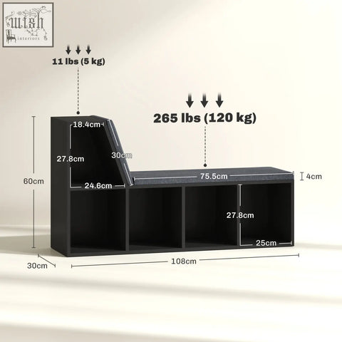 Black modular storage bench with three cubbies and backrest in particle board for living room 30w x 4hcm