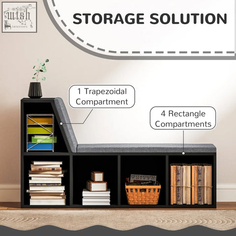 Black particle board storage bench with gray upholstered seat and compartments for living room 30w x 4hcm