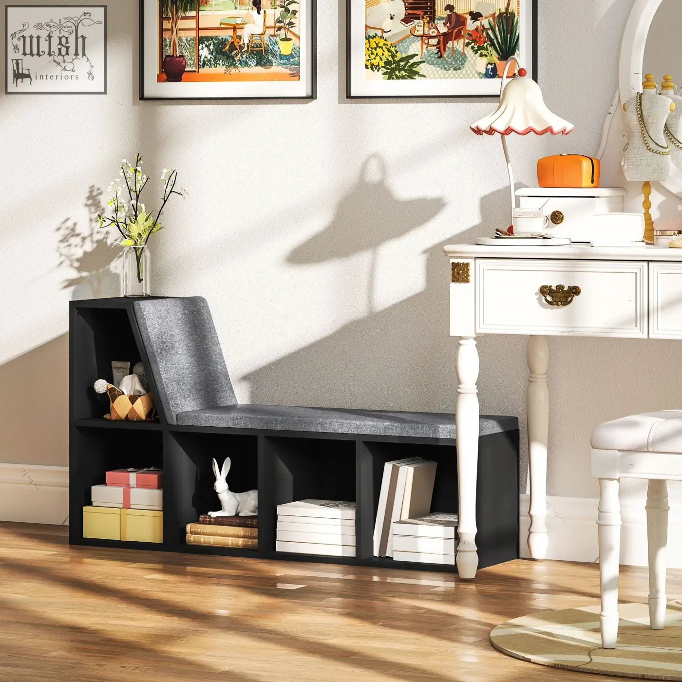 Black particle board living room storage bench with gray upholstered seat and backrest 30w x 4hcm open cubbies