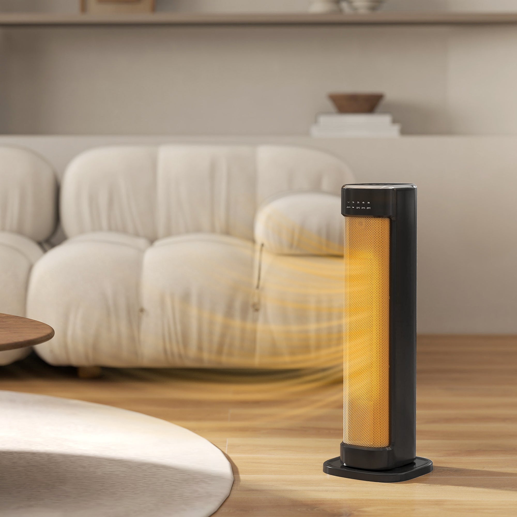 Homcom black ceramic electric heater with glowing orange element, digital control panel, overheat protection, and remote control