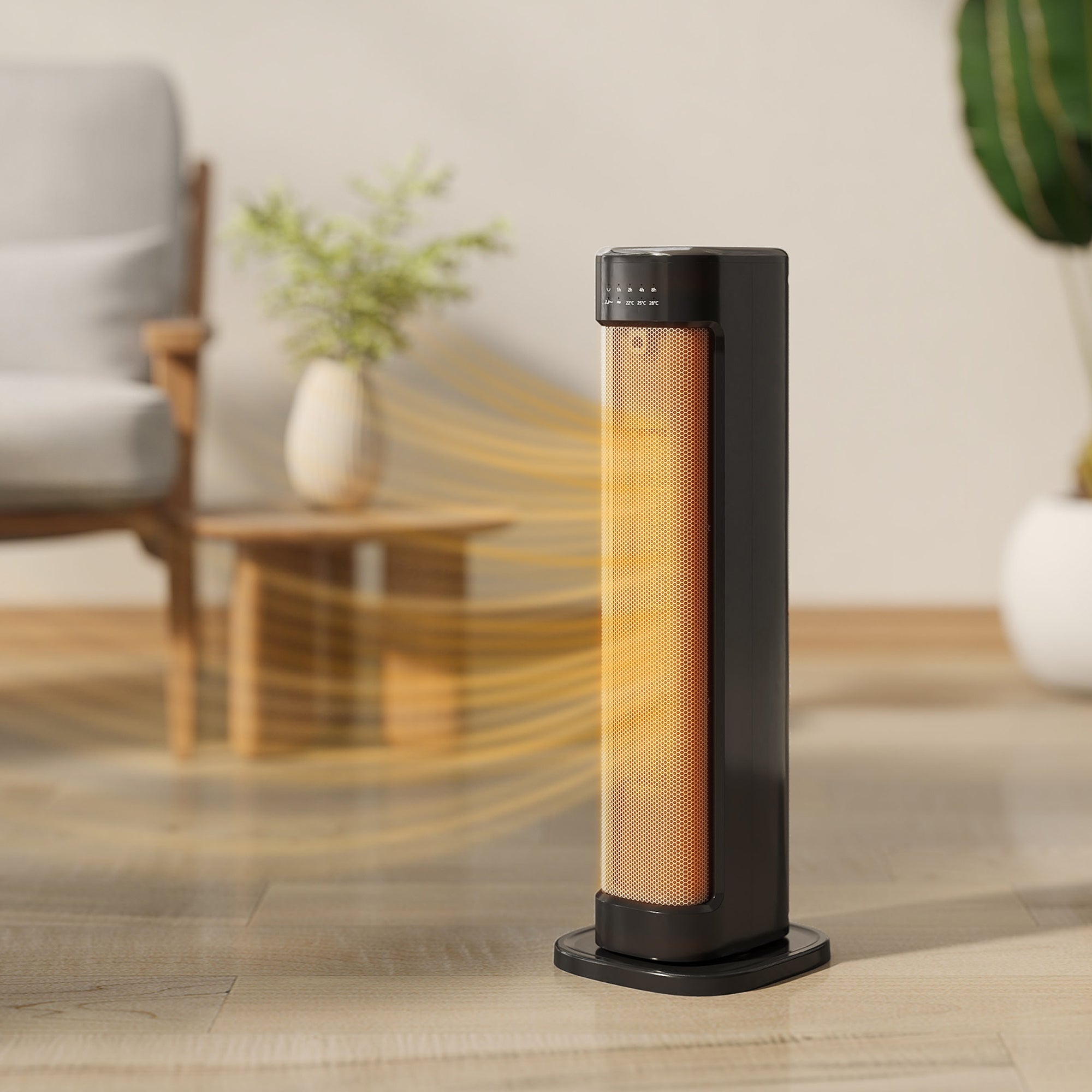 Black homcom 2000w ceramic electric heater with glowing orange element features overheat protection and adjustable settings