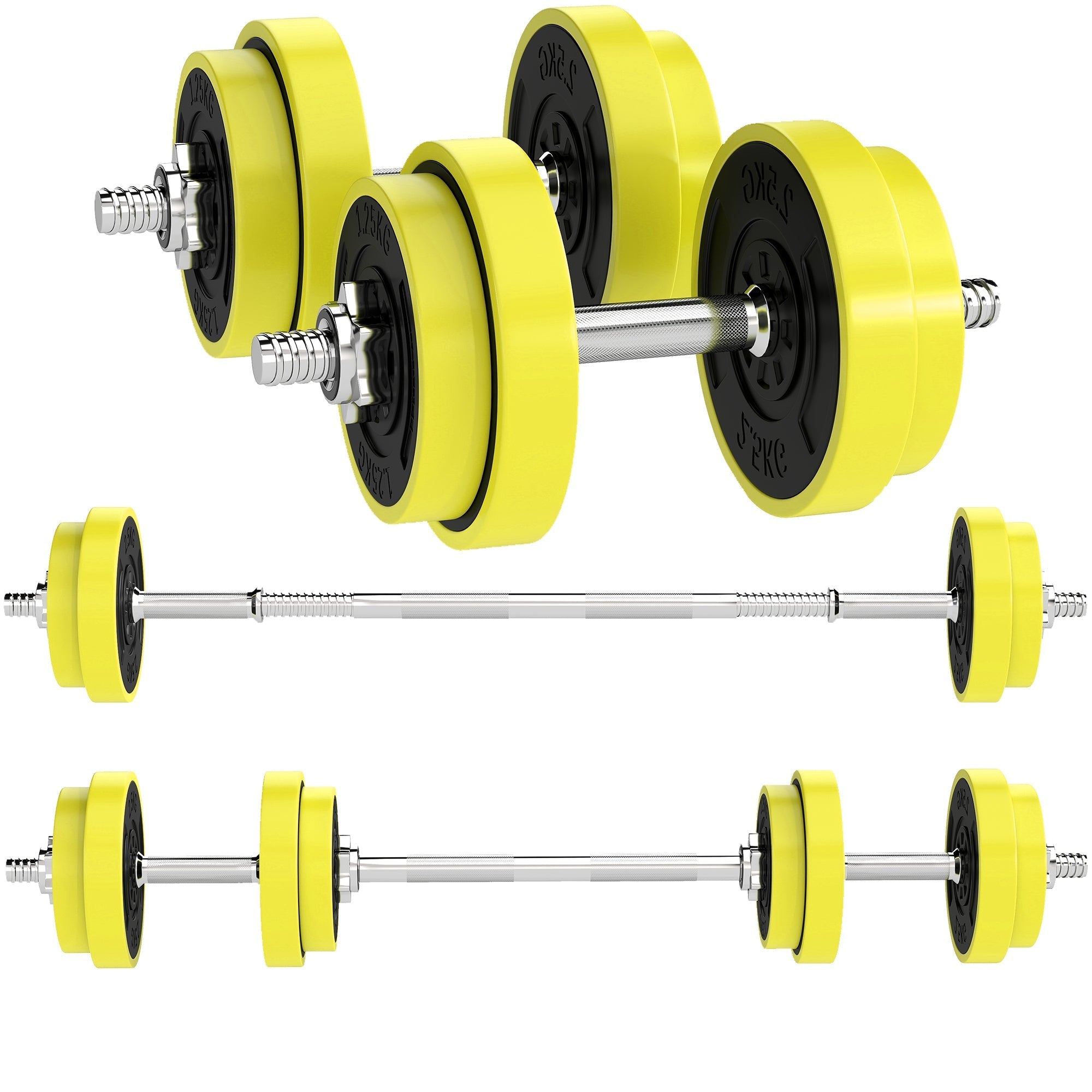 Set of three adjustable homcom dumbbells with yellow rubber-coated metal sand weight plates and chrome handles for home gym use